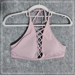 Victoria‎ Secret Pink Swim Top M Lace Up Cage Halter Open Back Lavender Plunge